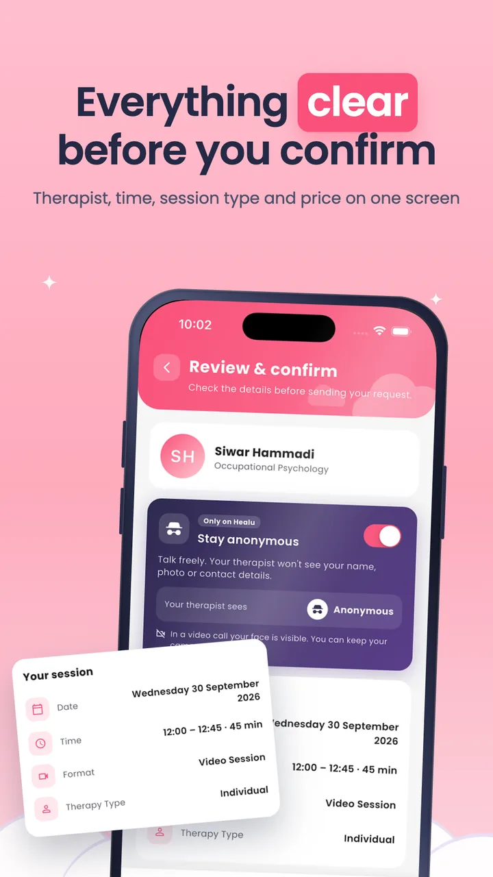 Everything clear before you confirm. Therapist, time, session type and price on one screen